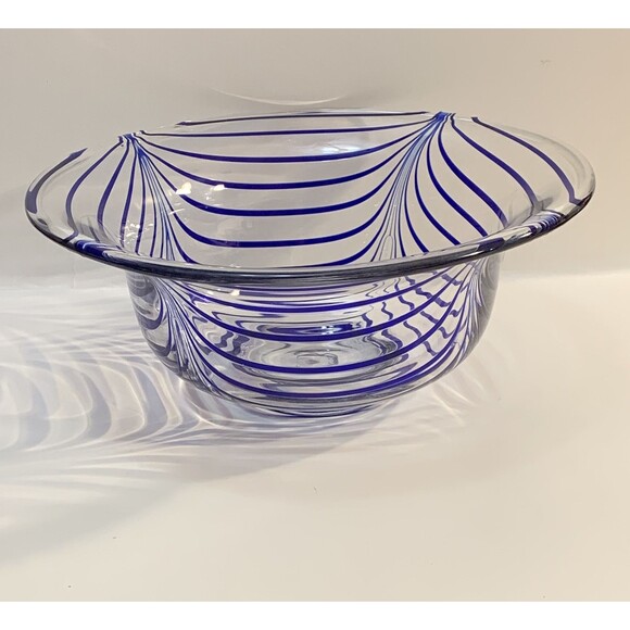 Clear Art Glass Bowl Blue Pulled Ribbon Swirls MCM Handmade Pontil Base Marked M - Picture 4 of 12